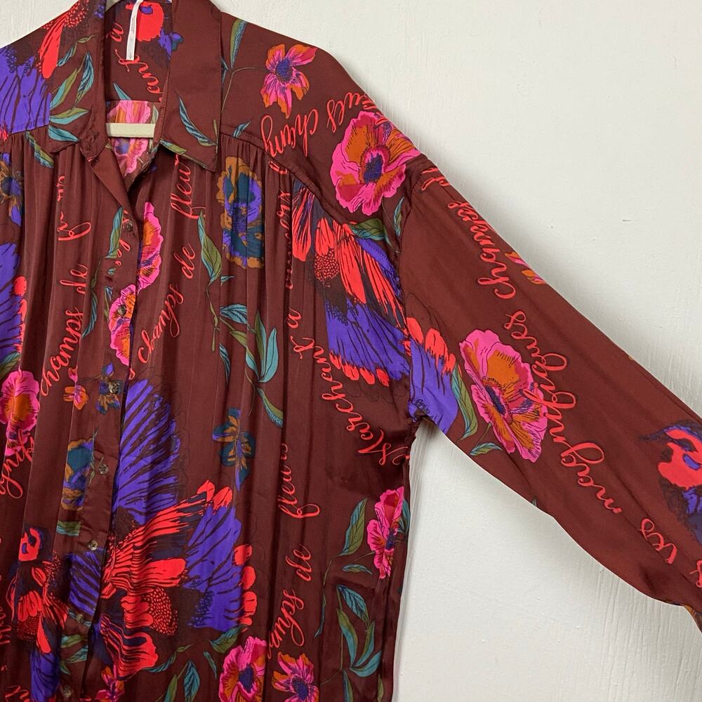 Free People Silky Nights Red Floral Oversized Boyfriend Blouse Size Small - Picture 5 of 12